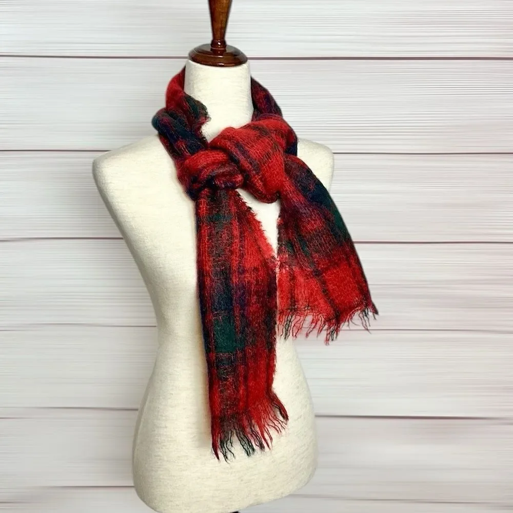 Highlands Vintage Mohair Scarf Red Plaid made in Scotland Men’s Women’s